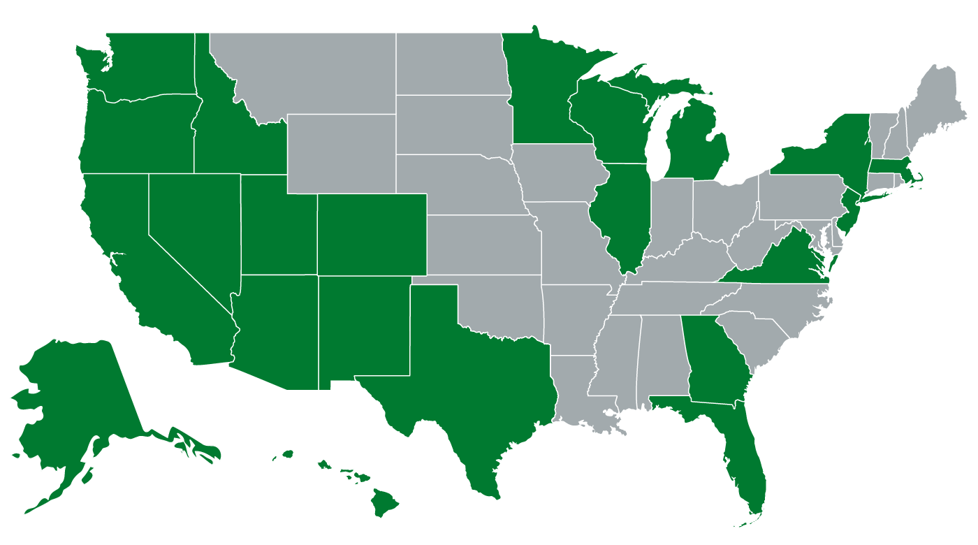 map of the United States, with green indicating the top states where new Ducks come from