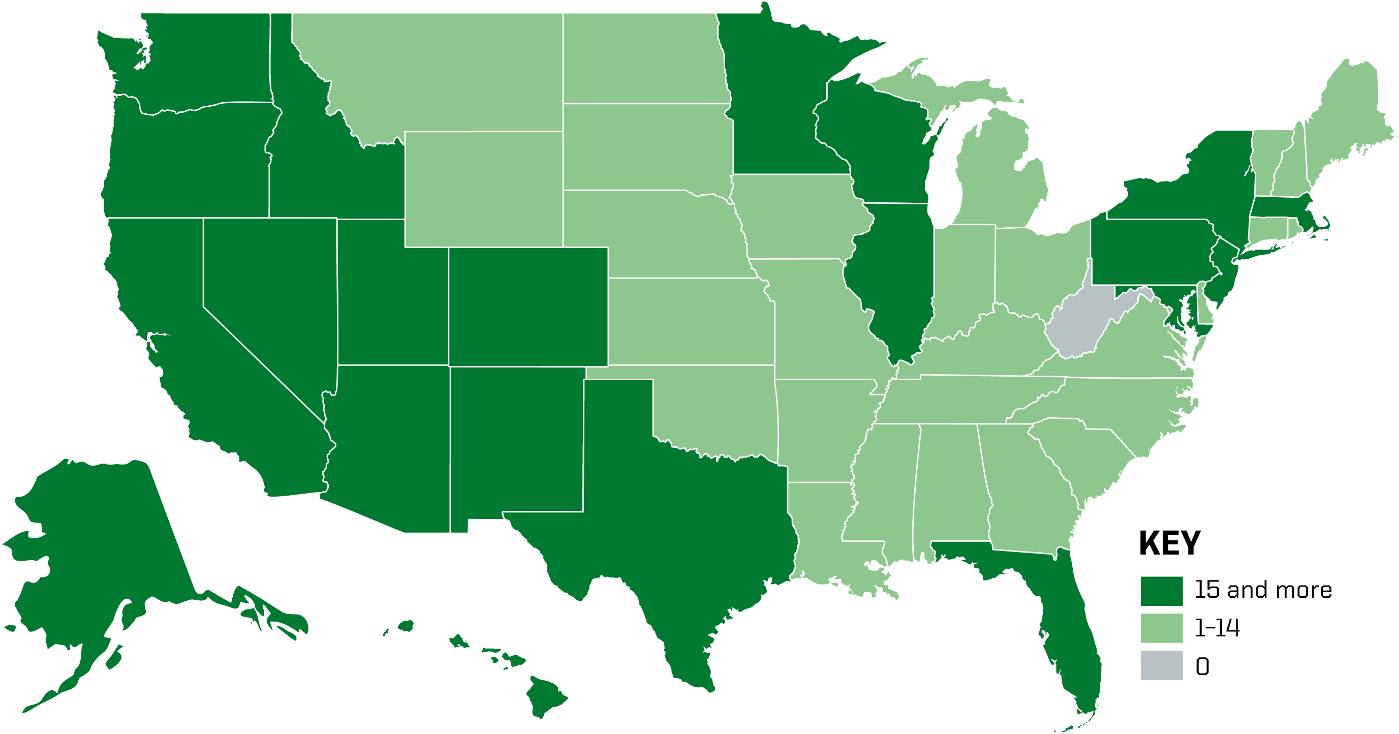 US map with states shaded in dark green, light green, and gray