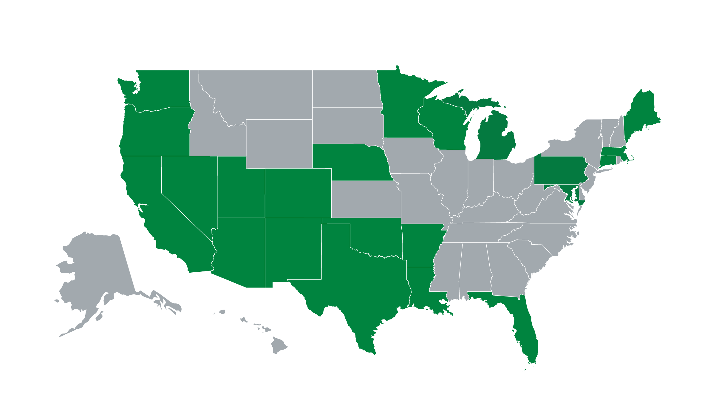 Map outline of the United States, with the following states highlighted in green