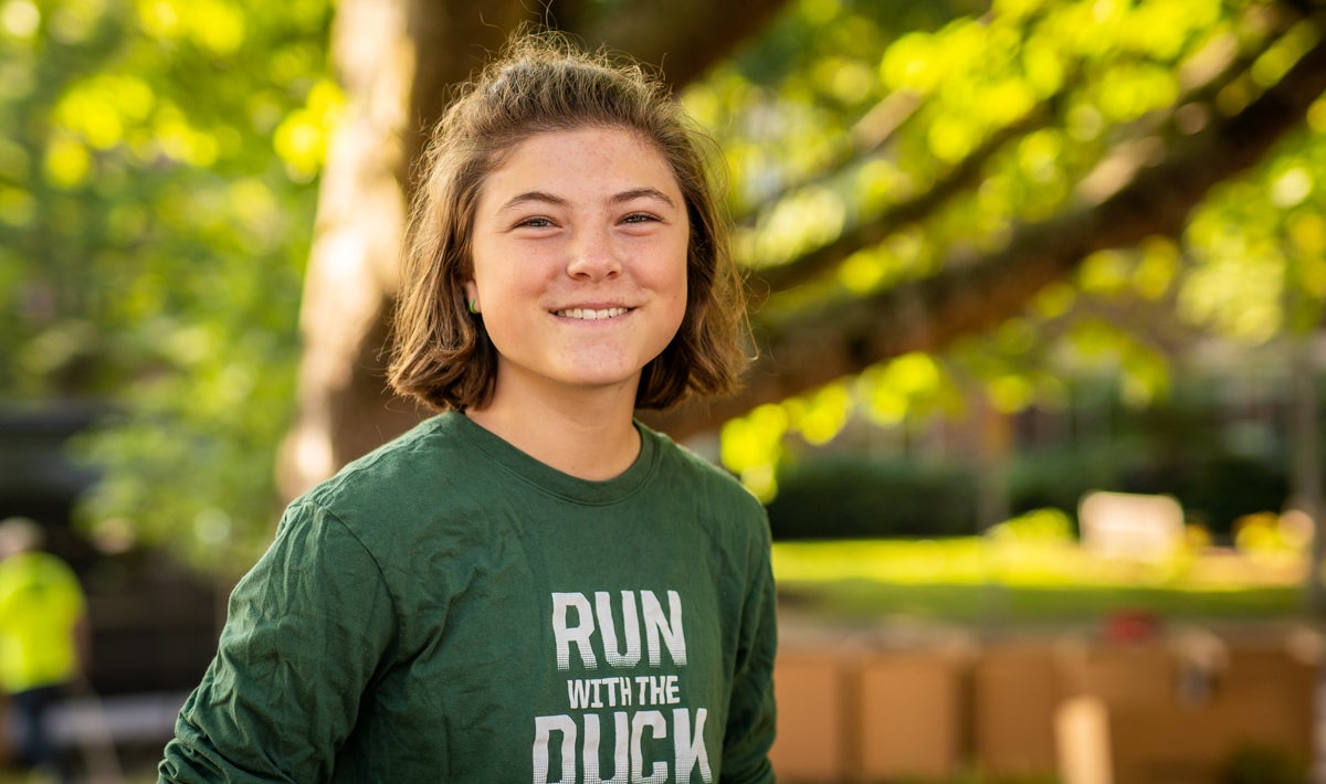 Nancy Biegel wearing a 'Run with the Duck" shirt